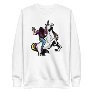 unisex-premium-sweatshirt-white-front-6a17e4e4ea325.jpg Metalhead Riding Unicorn Sweatshirt