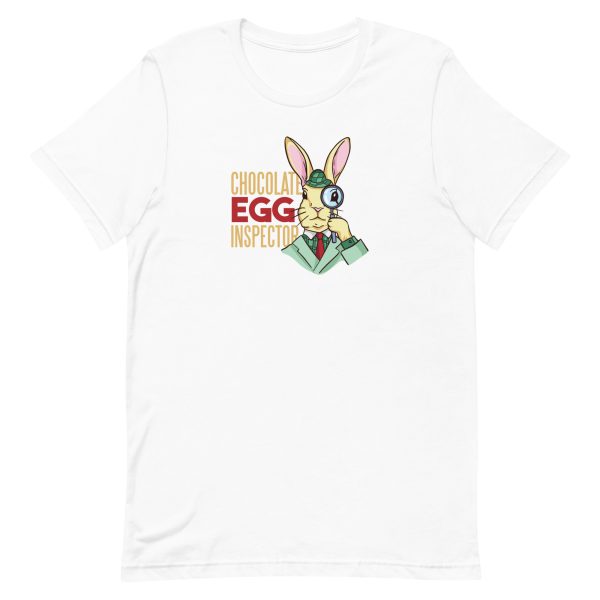 unisex-staple-t-shirt-white-front-6a18f6bec7a0b.jpg Chocolate Egg Inspector T-Shirt