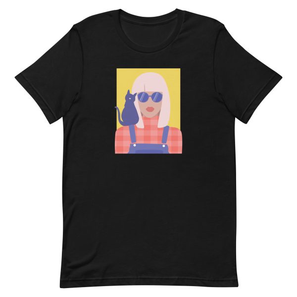 unisex-staple-t-shirt-black-front-6aa464b82708e.jpg Stylish Girl With Cat T-Shirt